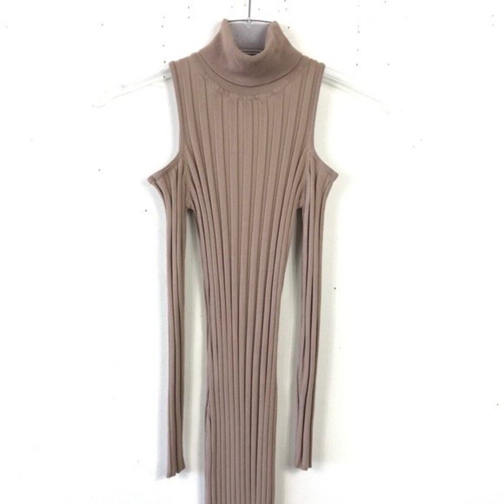 HERA Collection Ribbed Cold Shoulder Midi Knit Dress S Tan Beige Stretch Bodycon - Picture 8 of 10
